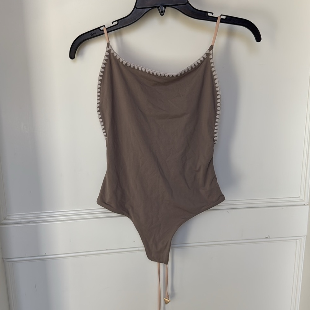 Bond-Eye Sunday Session Taupe Embroidery Lace Up Reversible Thong One Piece Swim - Picture 5 of 16
